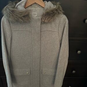 J. Crew Women's Light Gray Puffer Coat with Faux Fur Hood